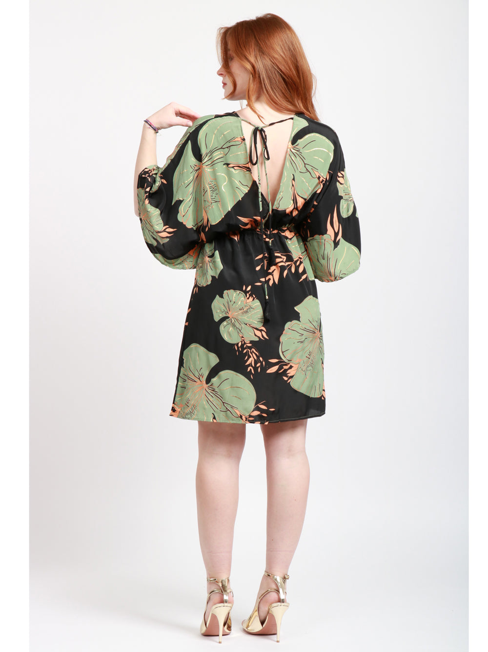 CHACHA Vestito Corto in Seta con Fantasia Floreale Nero e Verde Nero/verde