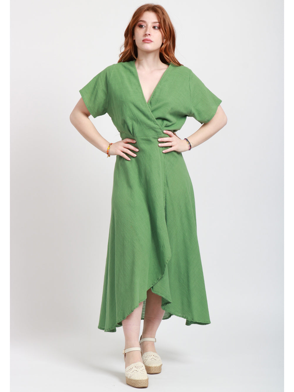 CHACHA Vestito Midi in Cotone Verde a Portafoglio Verde