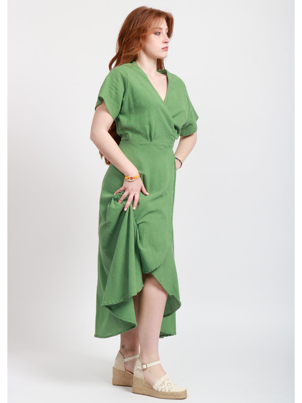 CHACHA Vestito Midi in Cotone Verde a Portafoglio Verde
