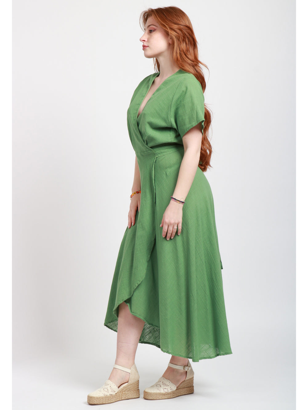 CHACHA Vestito Midi in Cotone Verde a Portafoglio Verde