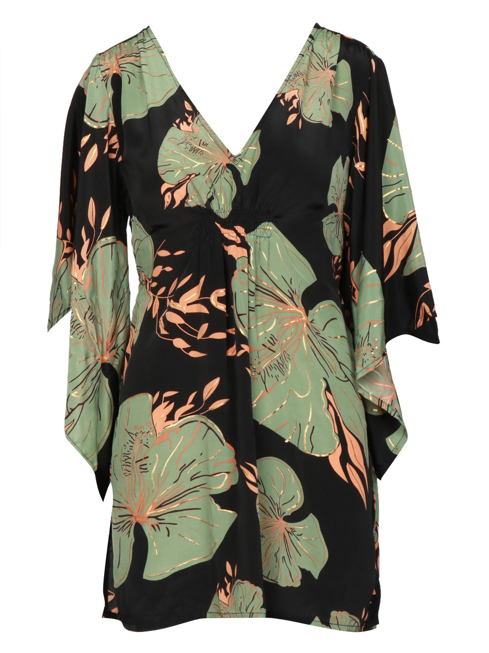 CHACHA Vestito Corto in Seta con Fantasia Floreale Nero e Verde Nero Verde
