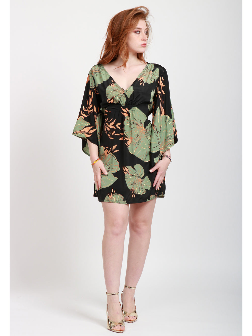 CHACHA Vestito Corto in Seta con Fantasia Floreale Nero e Verde Nero Verde