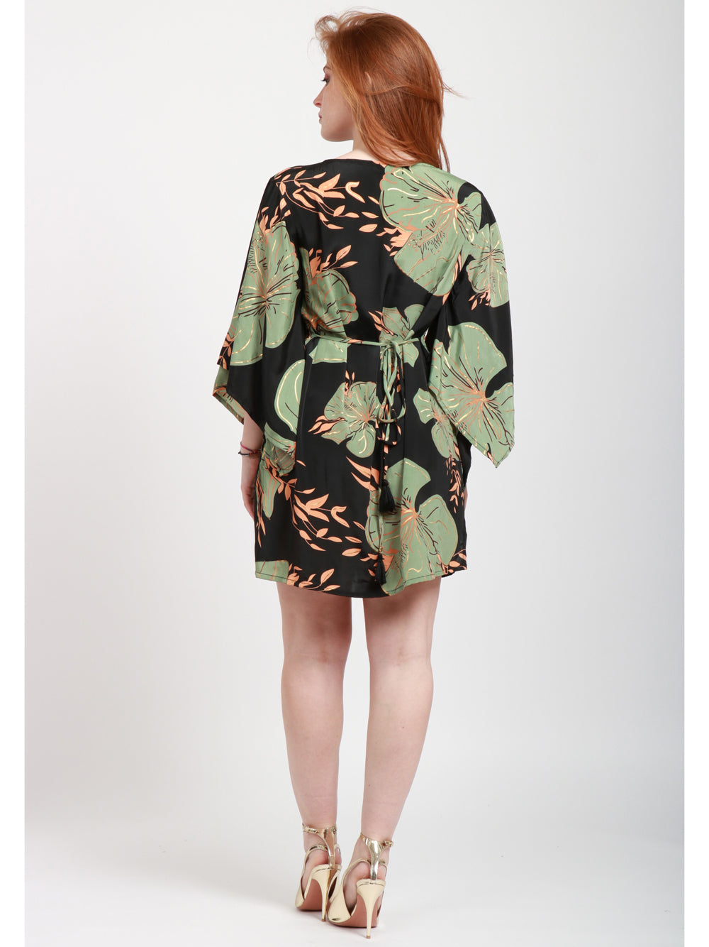 CHACHA Vestito Corto in Seta con Fantasia Floreale Nero e Verde Nero Verde