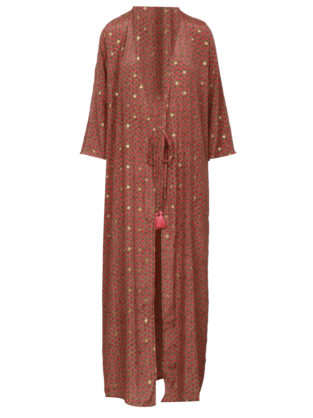CHACHA Kimono in Seta Lungo Kaki e Rosa con Fantasia Floreale Verde+fuxia