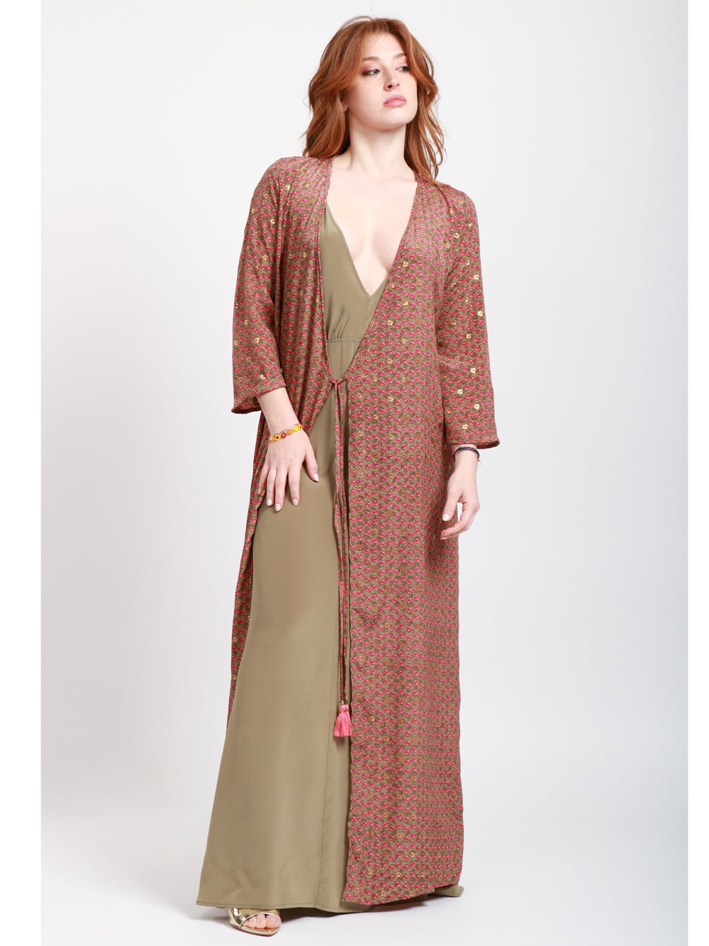 CHACHA Kimono in Seta Lungo Kaki e Rosa con Fantasia Floreale Verde+fuxia