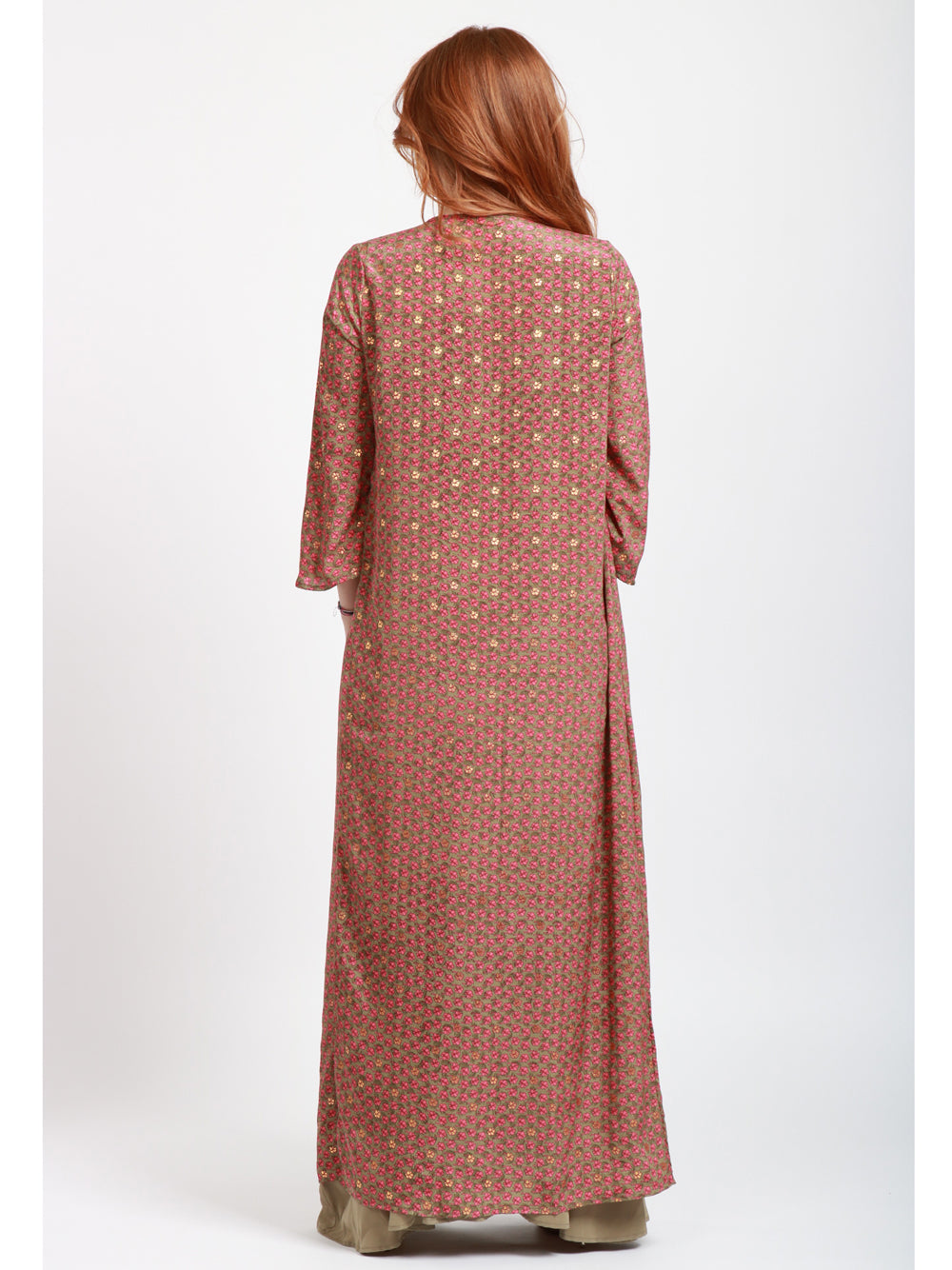 CHACHA Kimono in Seta Lungo Kaki e Rosa con Fantasia Floreale Verde+fuxia