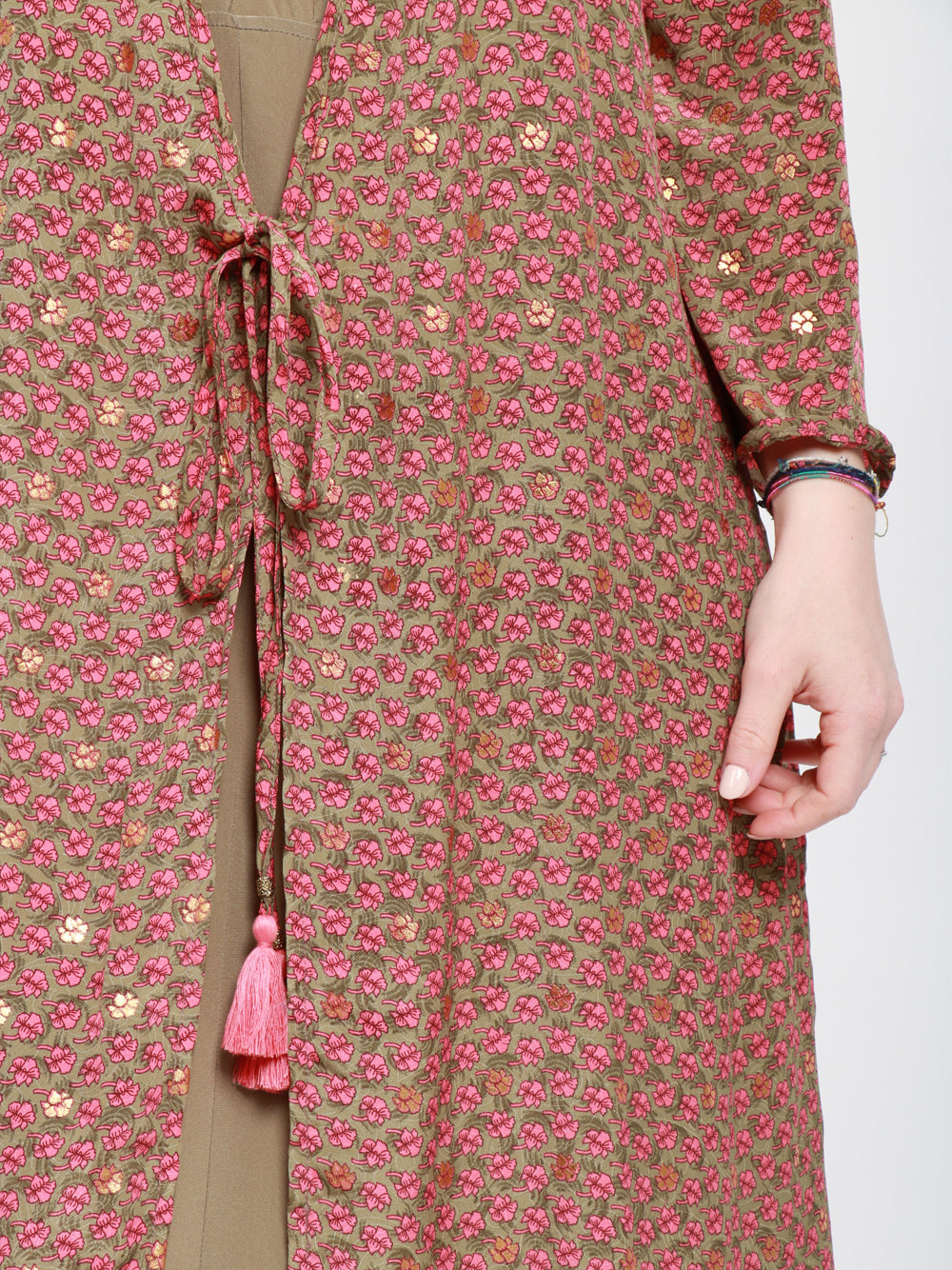 CHACHA Kimono in Seta Lungo Kaki e Rosa con Fantasia Floreale Verde+fuxia
