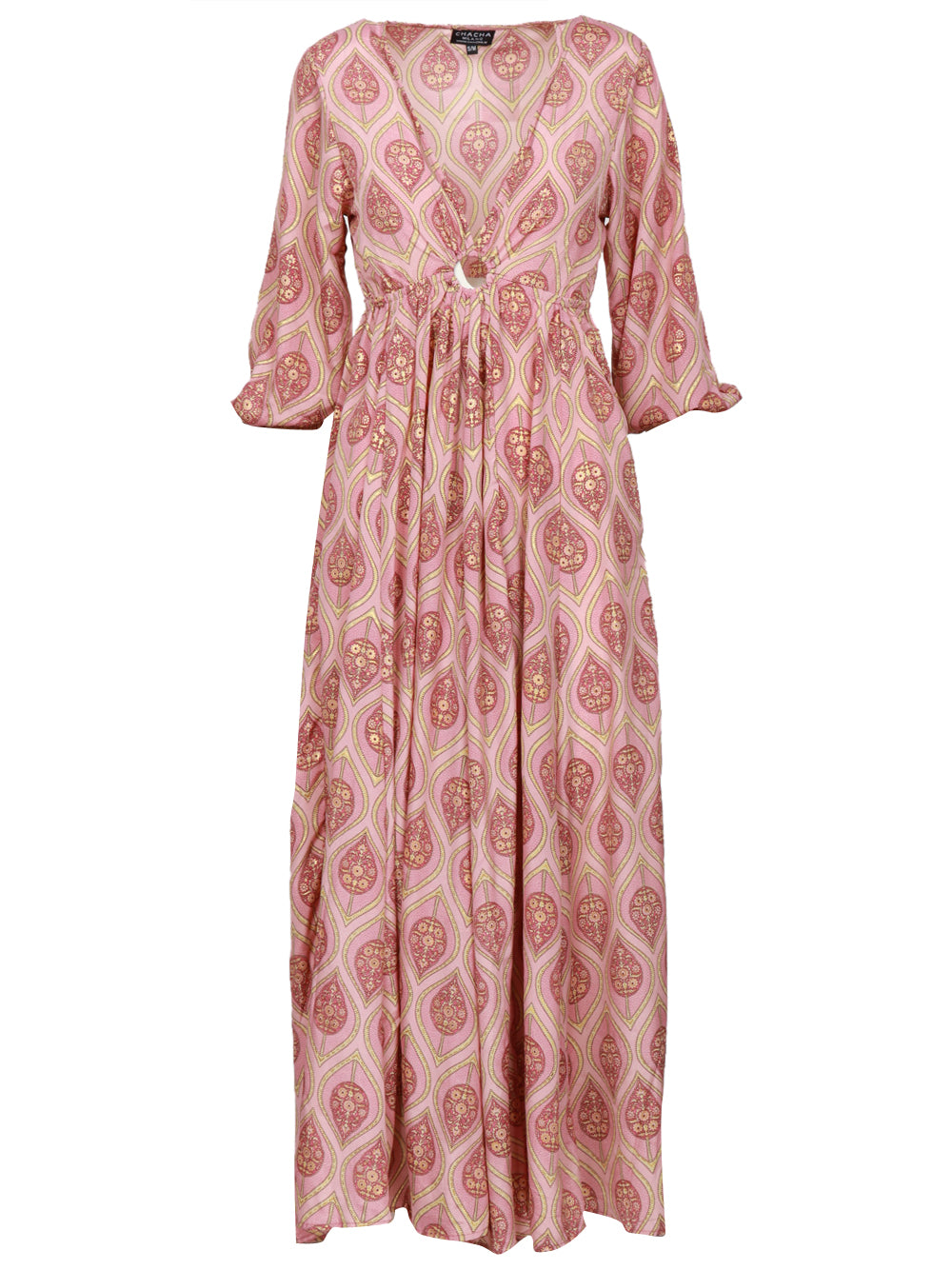CHACHA Vestito Lungo in Seta con Fantasia Rosa e Oro Cipria Oro