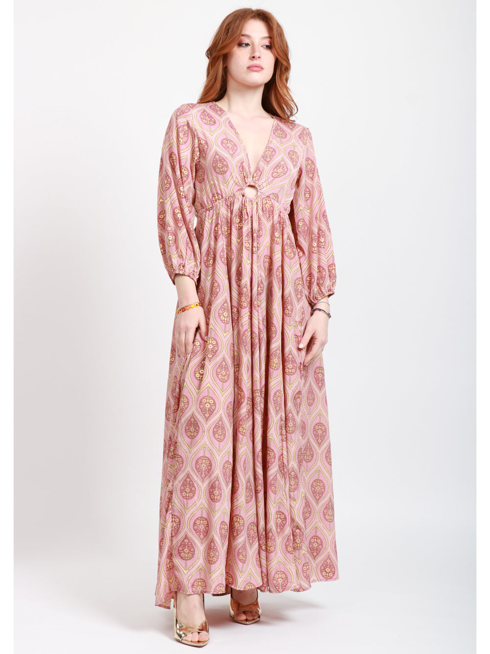 CHACHA Vestito Lungo in Seta con Fantasia Rosa e Oro Cipria Oro