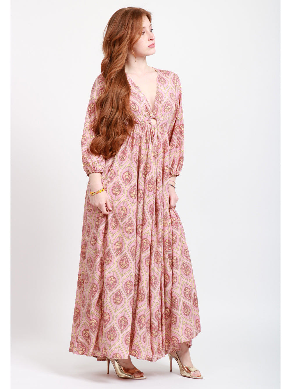 CHACHA Vestito Lungo in Seta con Fantasia Rosa e Oro Cipria Oro