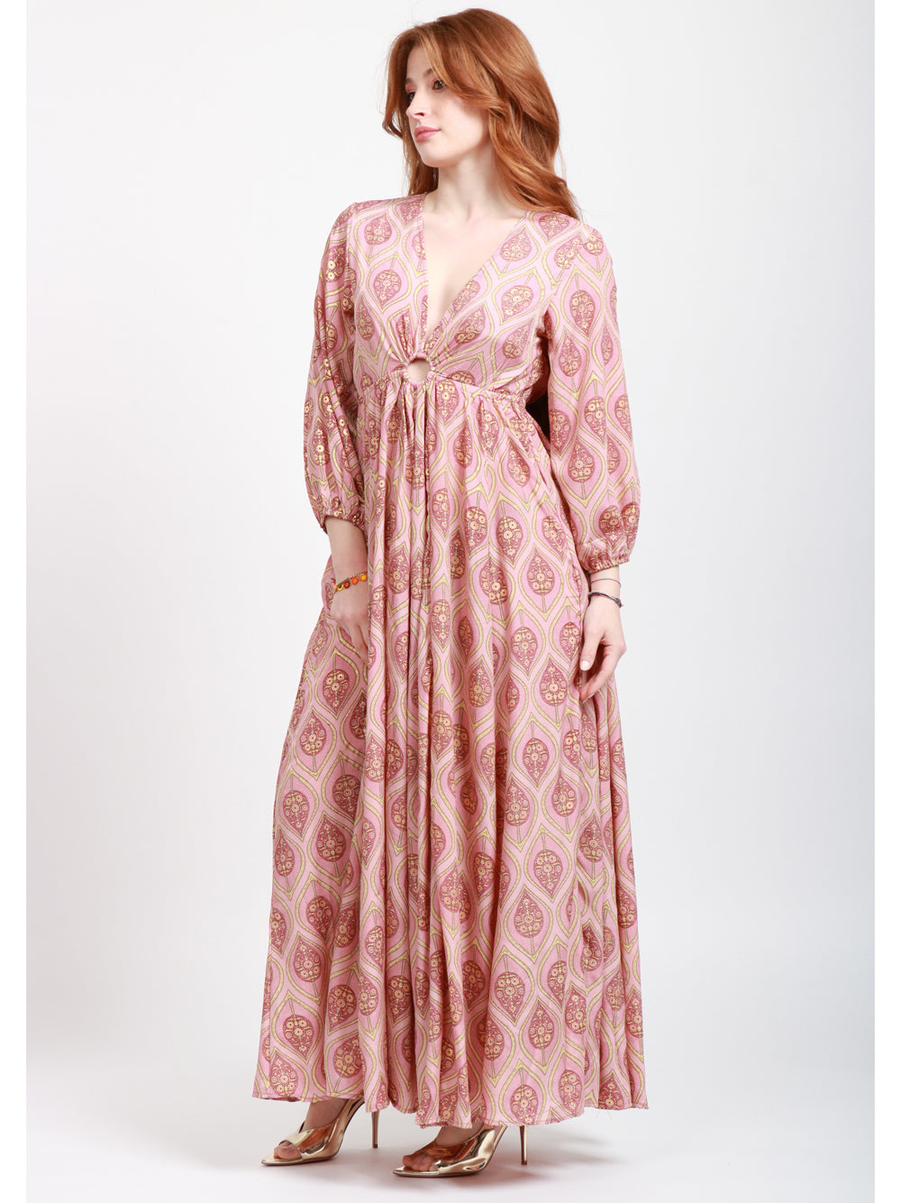 CHACHA Vestito Lungo in Seta con Fantasia Rosa e Oro Cipria Oro