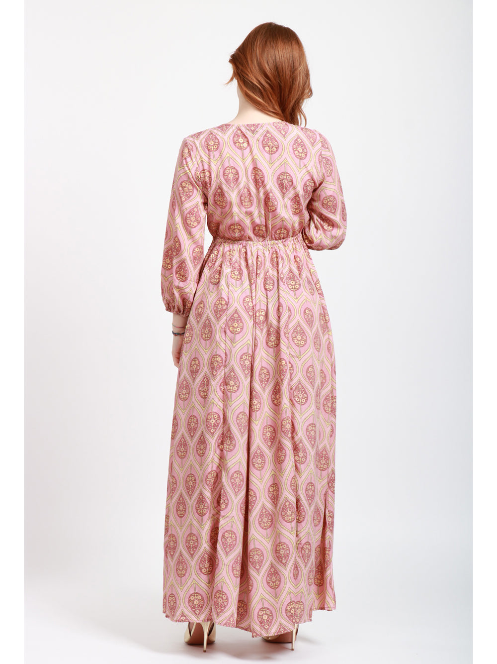 CHACHA Vestito Lungo in Seta con Fantasia Rosa e Oro Cipria Oro