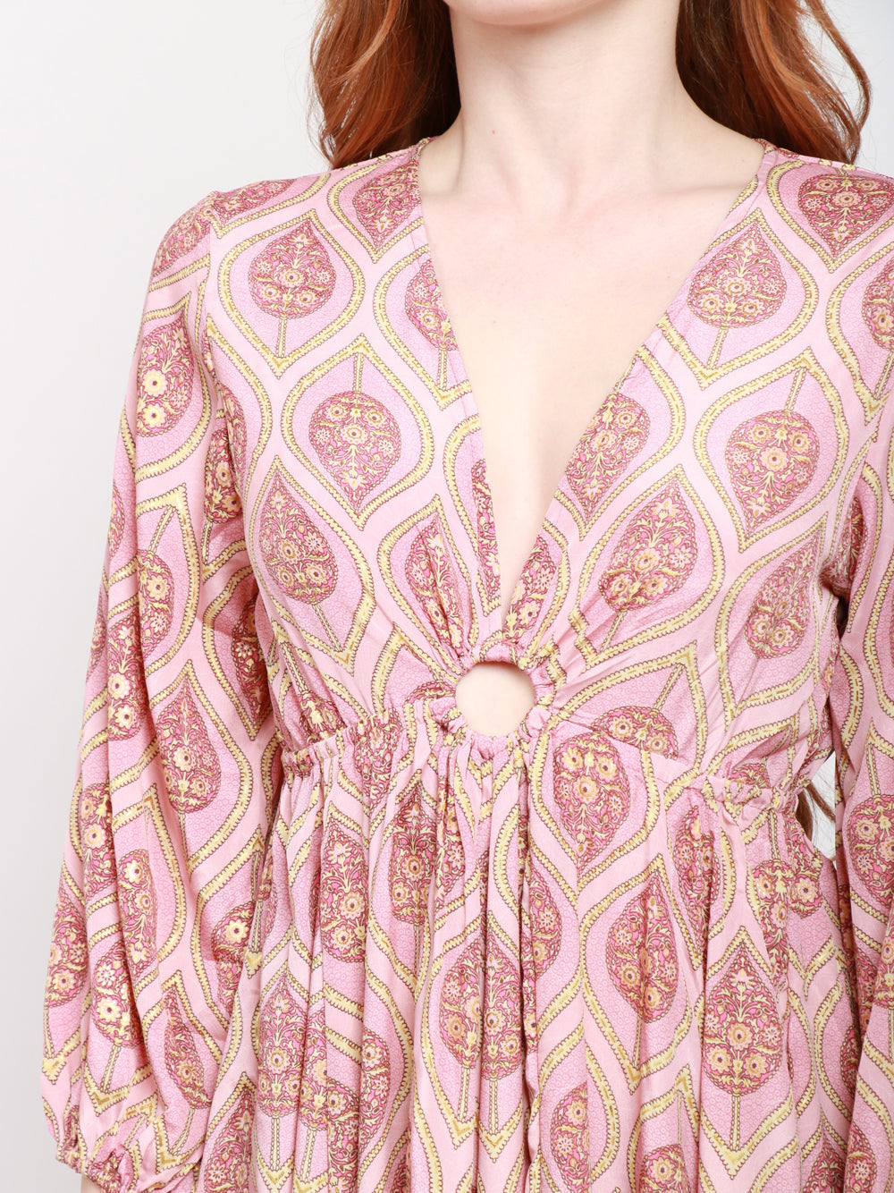 CHACHA Vestito Lungo in Seta con Fantasia Rosa e Oro Cipria Oro