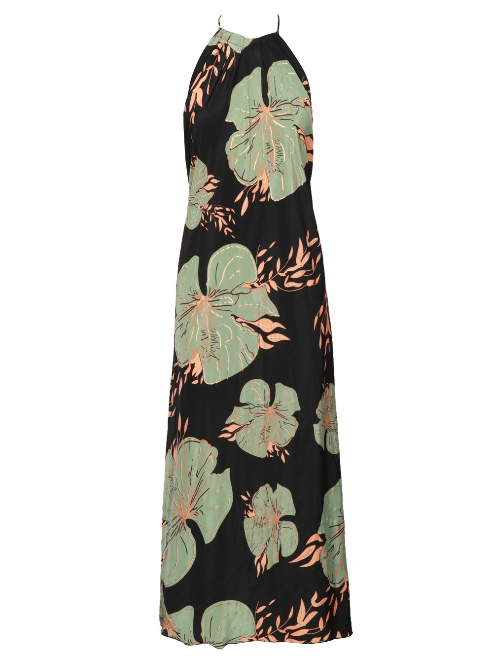 CHACHA Vestito Lungo in Seta con Fantasia Floreale Nero e Verde Nero/verde