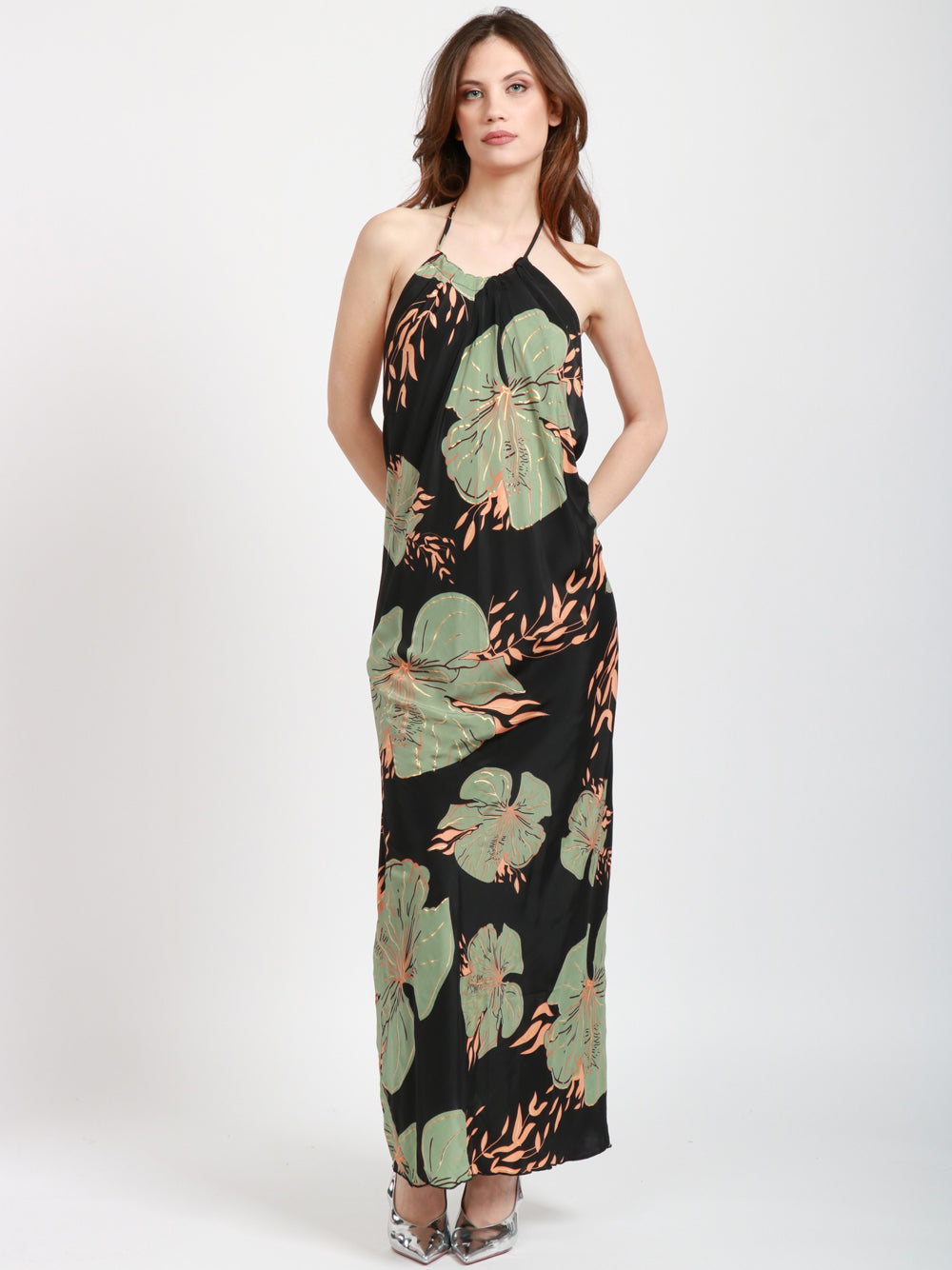 CHACHA Vestito Lungo in Seta con Fantasia Floreale Nero e Verde Nero/verde