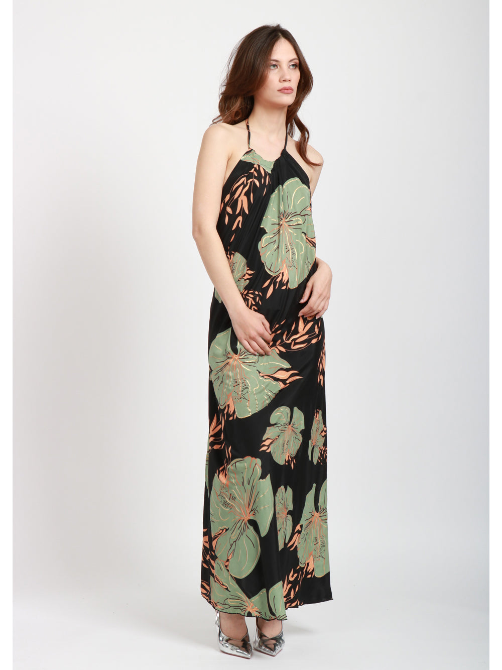 CHACHA Vestito Lungo in Seta con Fantasia Floreale Nero e Verde Nero/verde
