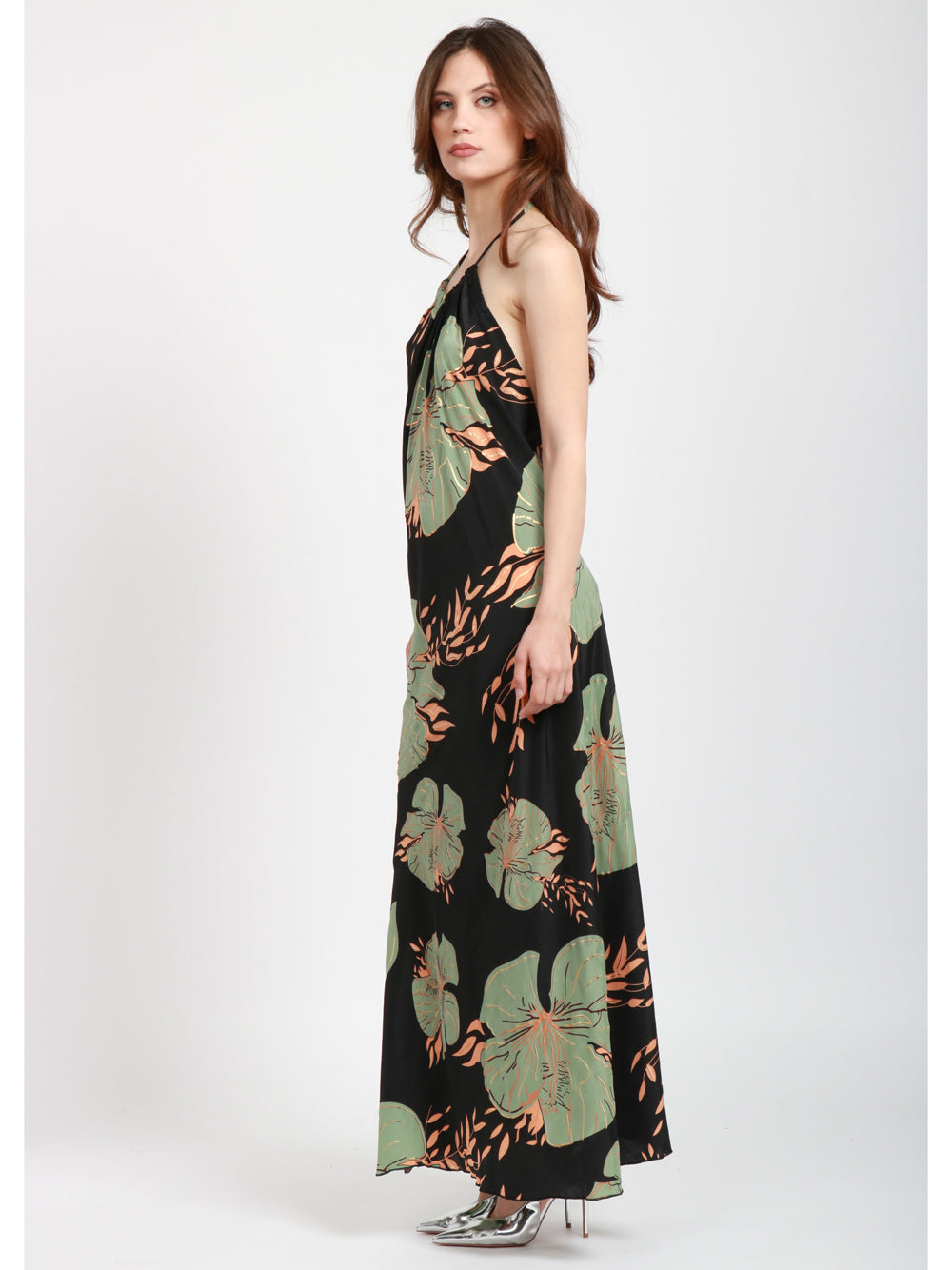 CHACHA Vestito Lungo in Seta con Fantasia Floreale Nero e Verde Nero/verde