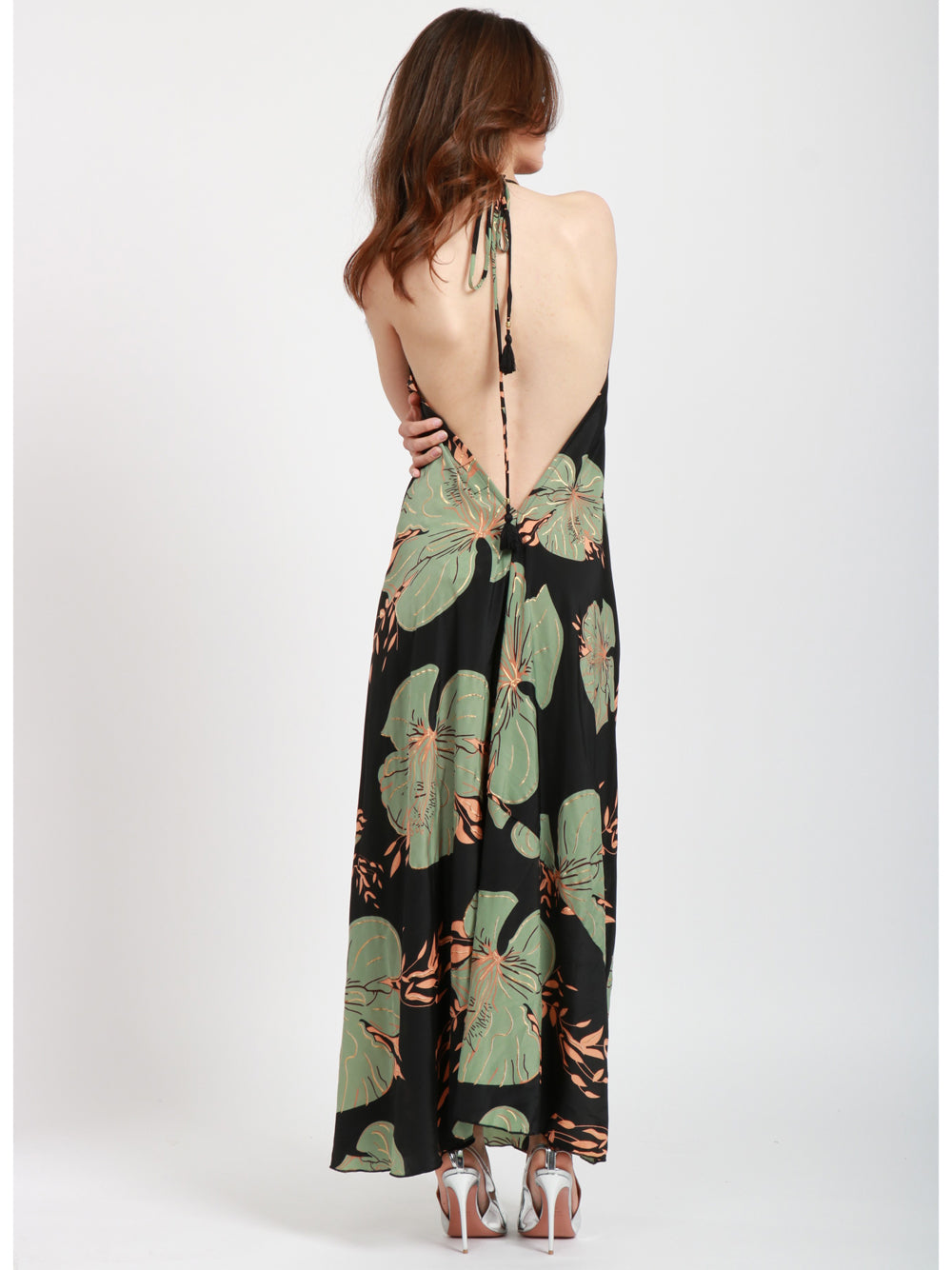 CHACHA Vestito Lungo in Seta con Fantasia Floreale Nero e Verde Nero/verde