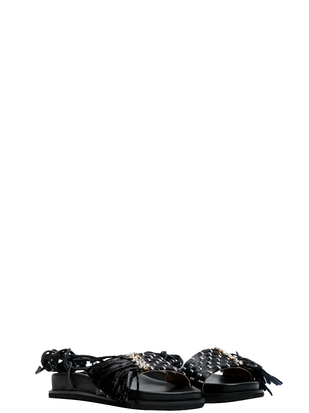 CORAL BLUE Sandali Flat in Rafia Neri con Lacci Nero