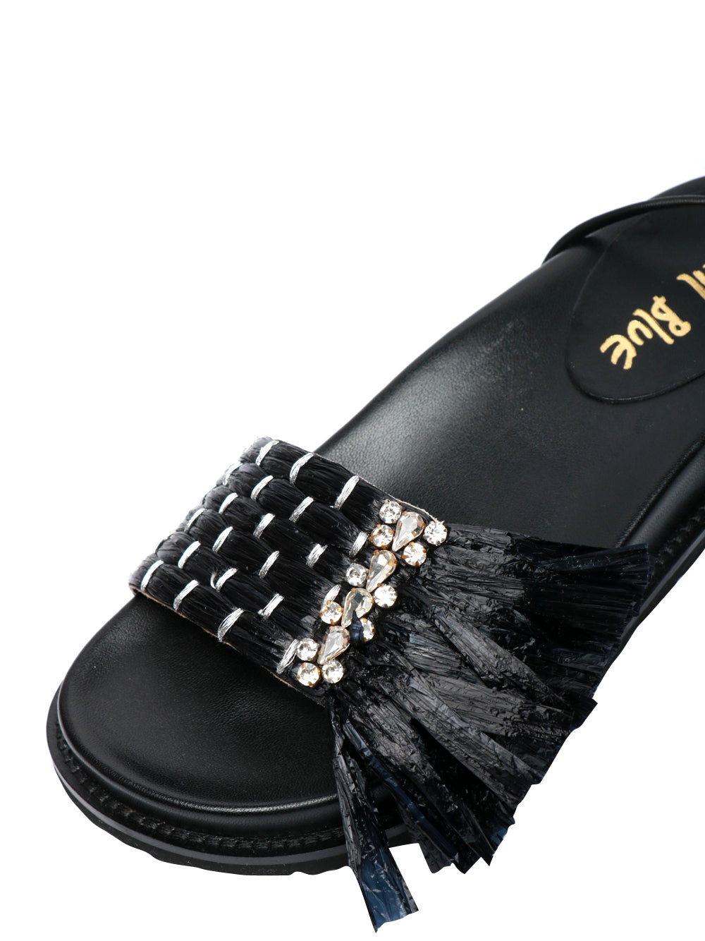 CORAL BLUE Sandali Flat in Rafia Neri con Lacci Nero