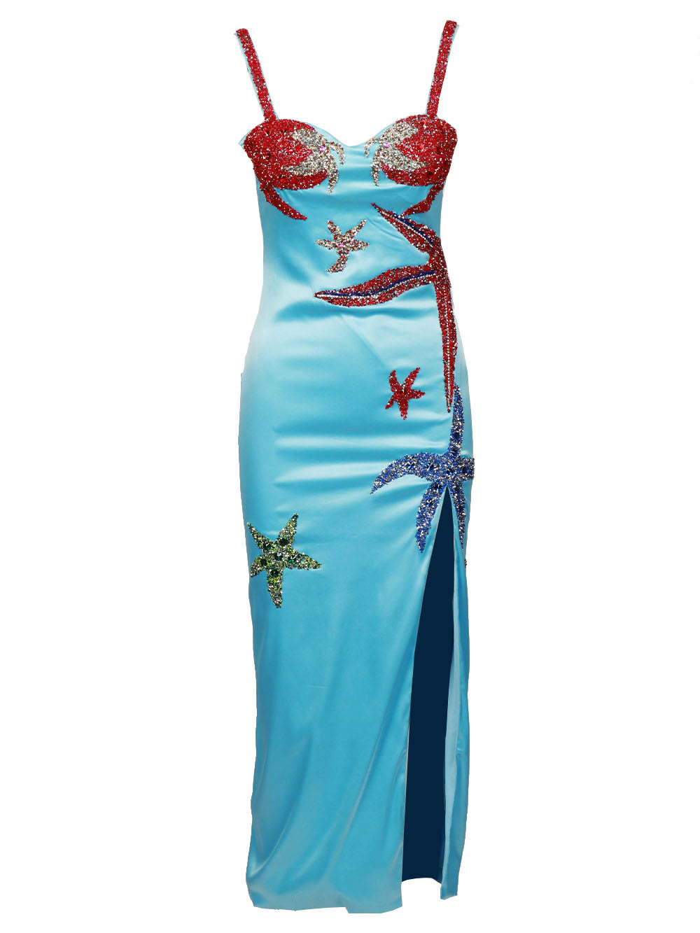 COUTURE IS FOREVER Vestito Mermaid in Raso Celeste con Ricami Stelle Marine Celeste