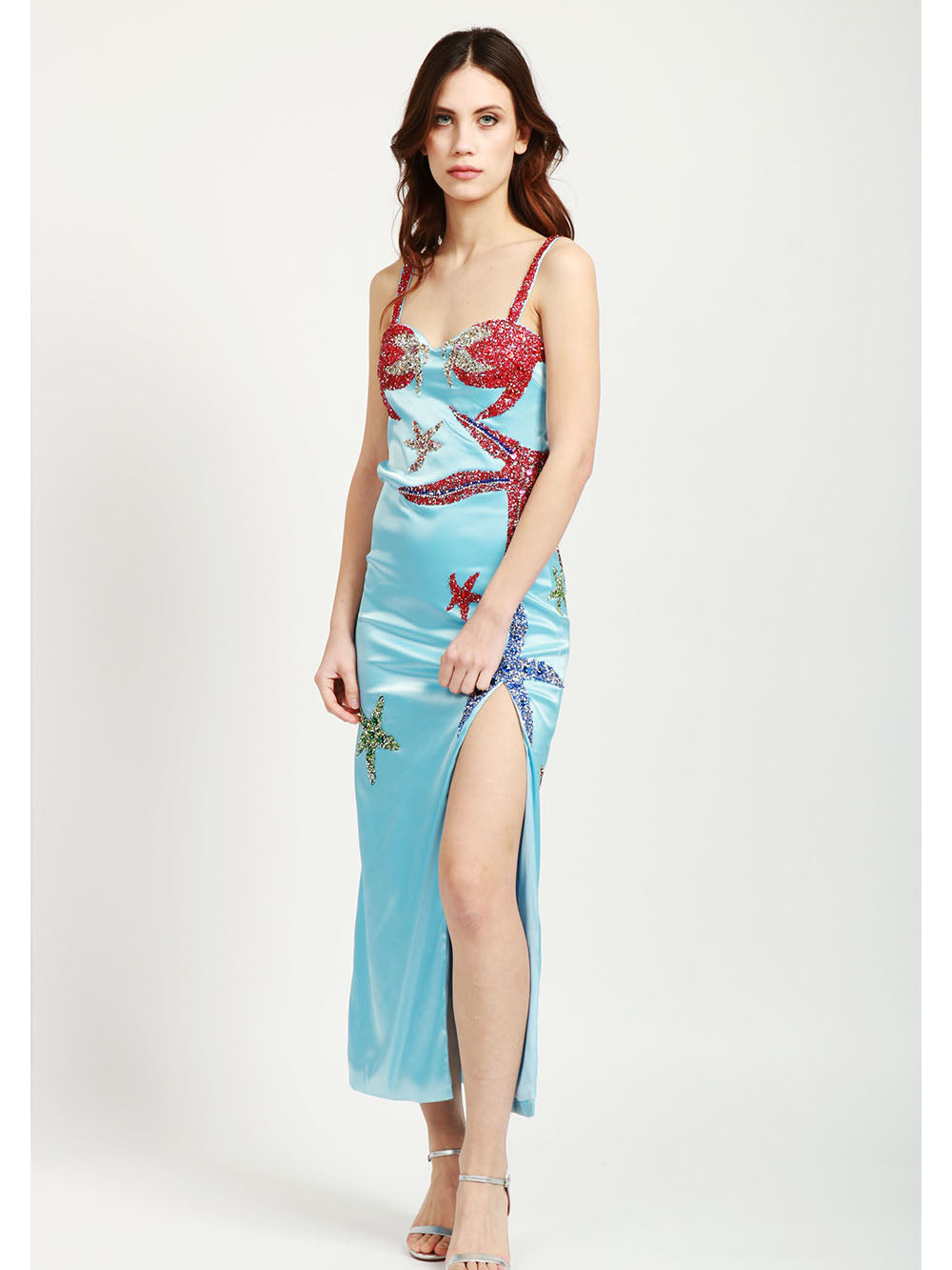 COUTURE IS FOREVER Vestito Mermaid in Raso Celeste con Ricami Stelle Marine Celeste