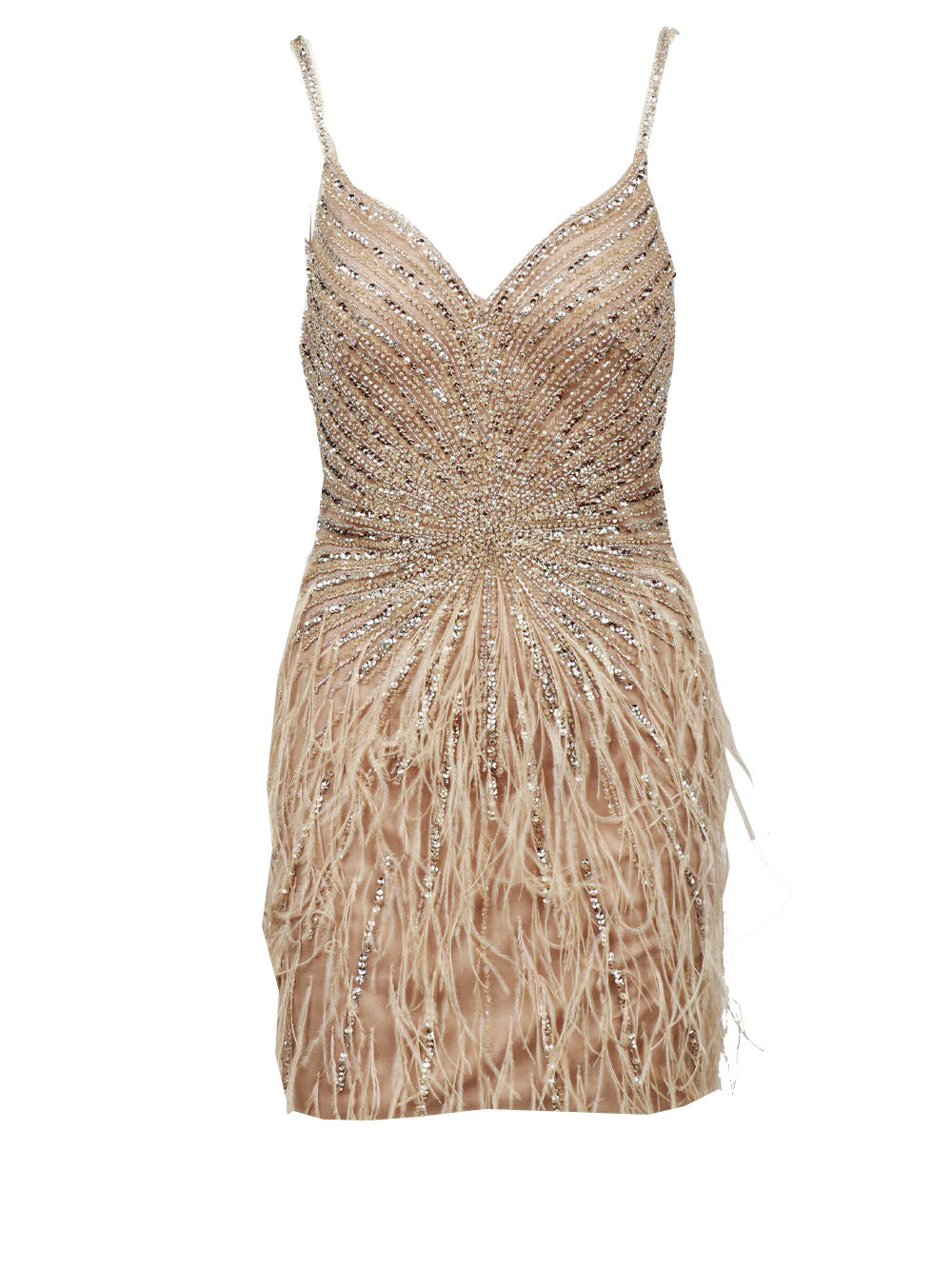 COUTURE IS FOREVER Vestito Sally Corto Nude Con Perline Pietre e Piume Tortora