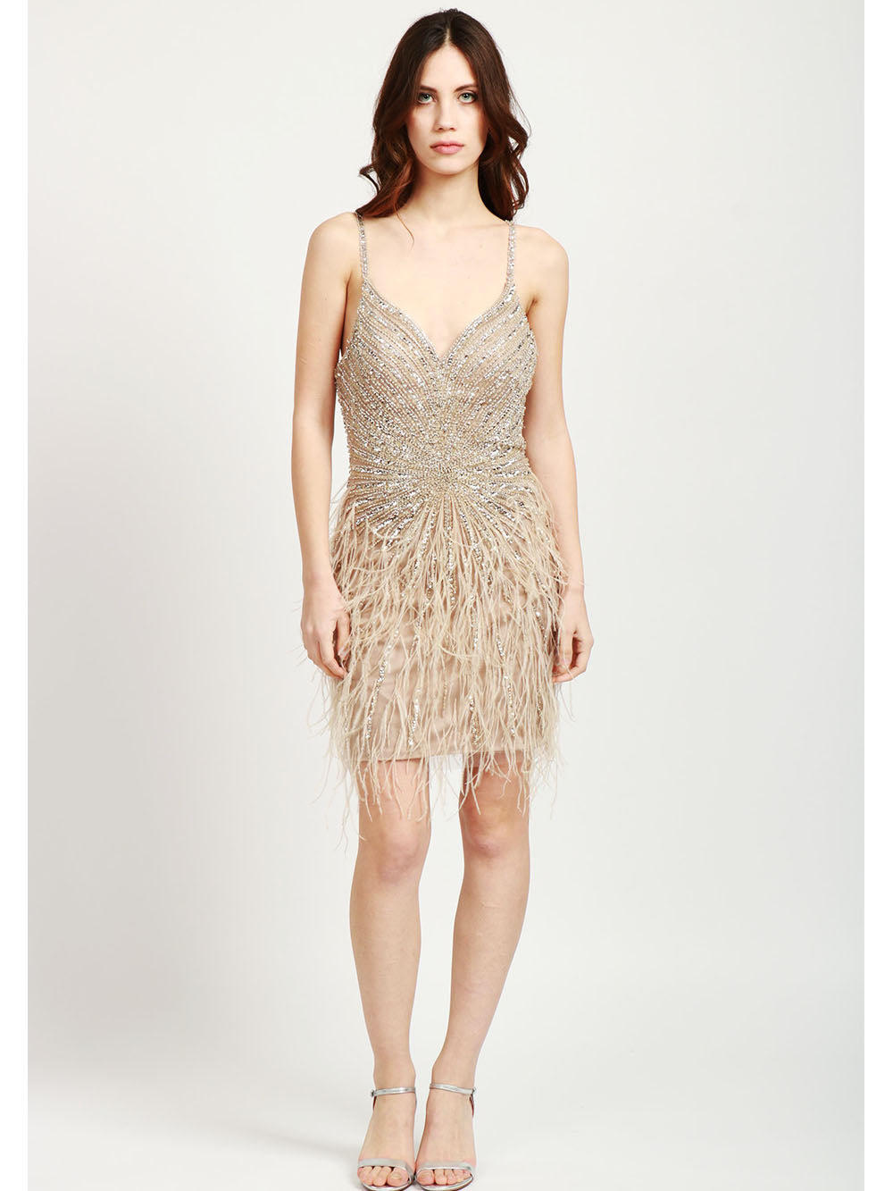 COUTURE IS FOREVER Vestito Sally Corto Nude Con Perline Pietre e Piume Tortora