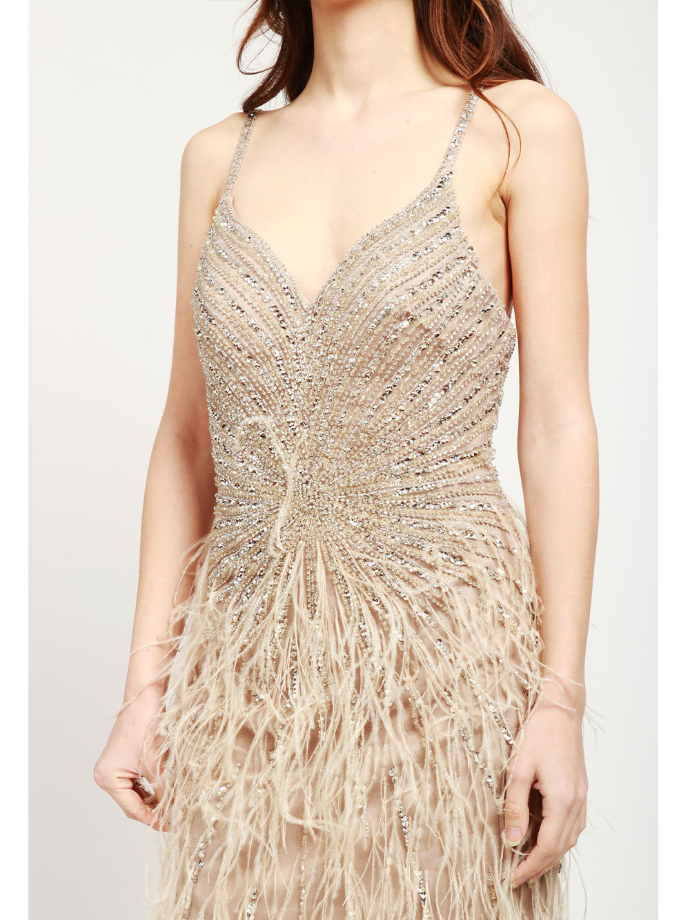 COUTURE IS FOREVER Vestito Sally Corto Nude Con Perline Pietre e Piume Tortora