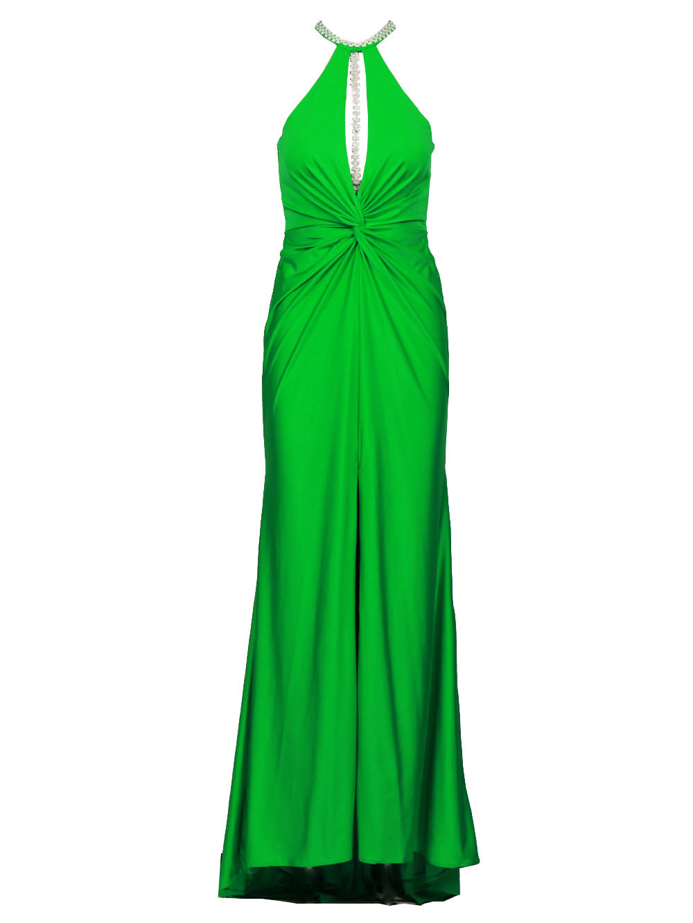 COUTURE IS FOREVER Vestito Shakira Lungo in Satin Verde con Collana Cristalli Verde Smeraldo