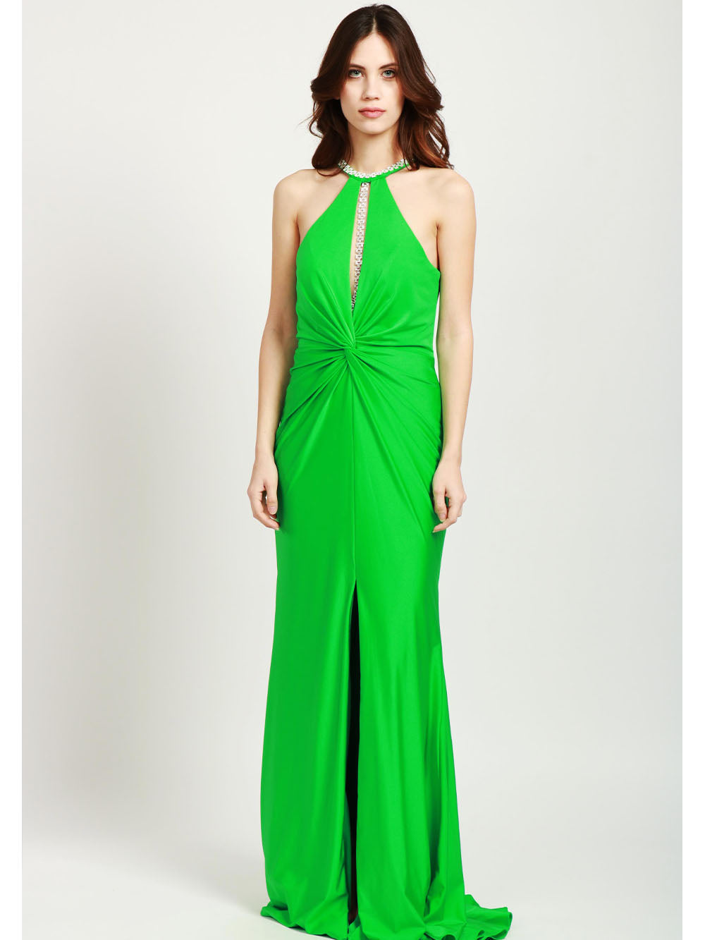 COUTURE IS FOREVER Vestito Shakira Lungo in Satin Verde con Collana Cristalli Verde Smeraldo
