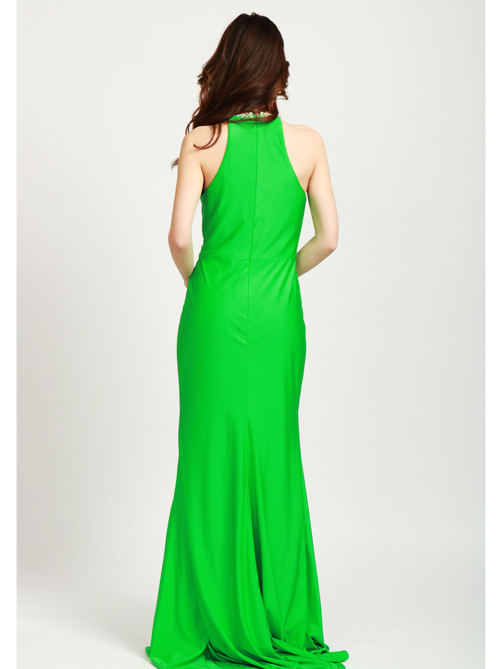COUTURE IS FOREVER Vestito Shakira Lungo in Satin Verde con Collana Cristalli Verde Smeraldo