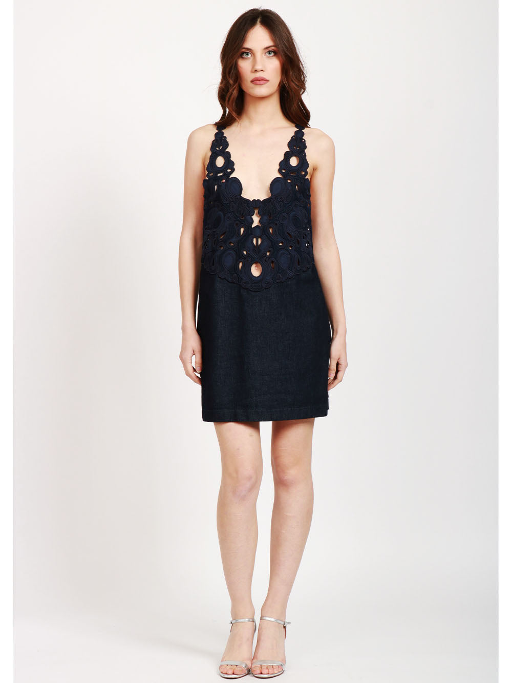 Vestito Tubino Corto in Denim Blu con Ricamo in Macramé
