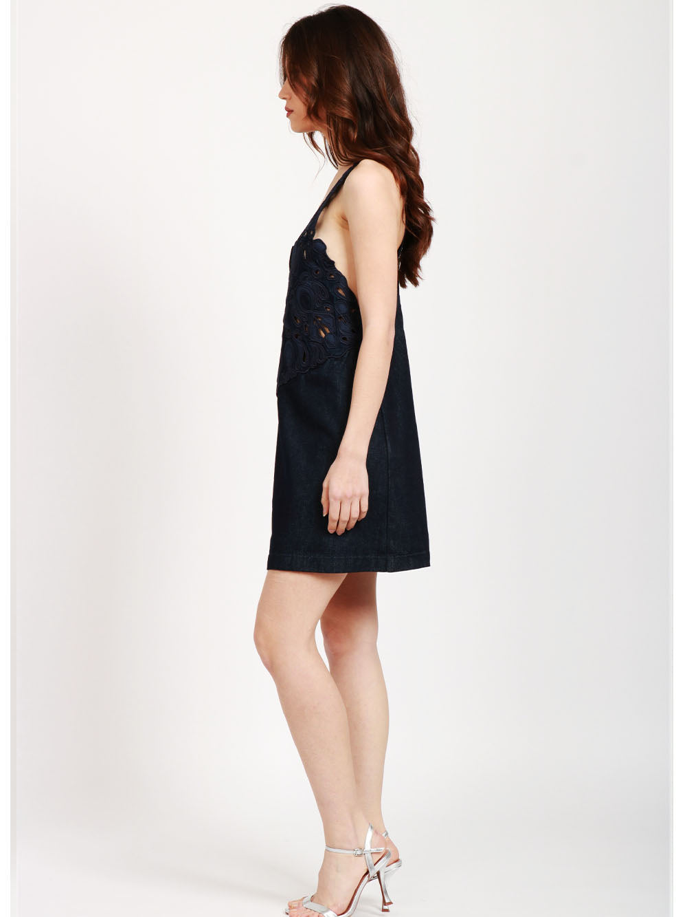 Vestito Tubino Corto in Denim Blu con Ricamo in Macramé