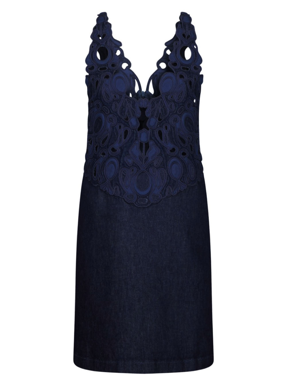 Vestito Tubino Corto in Denim Blu con Ricamo in Macramé