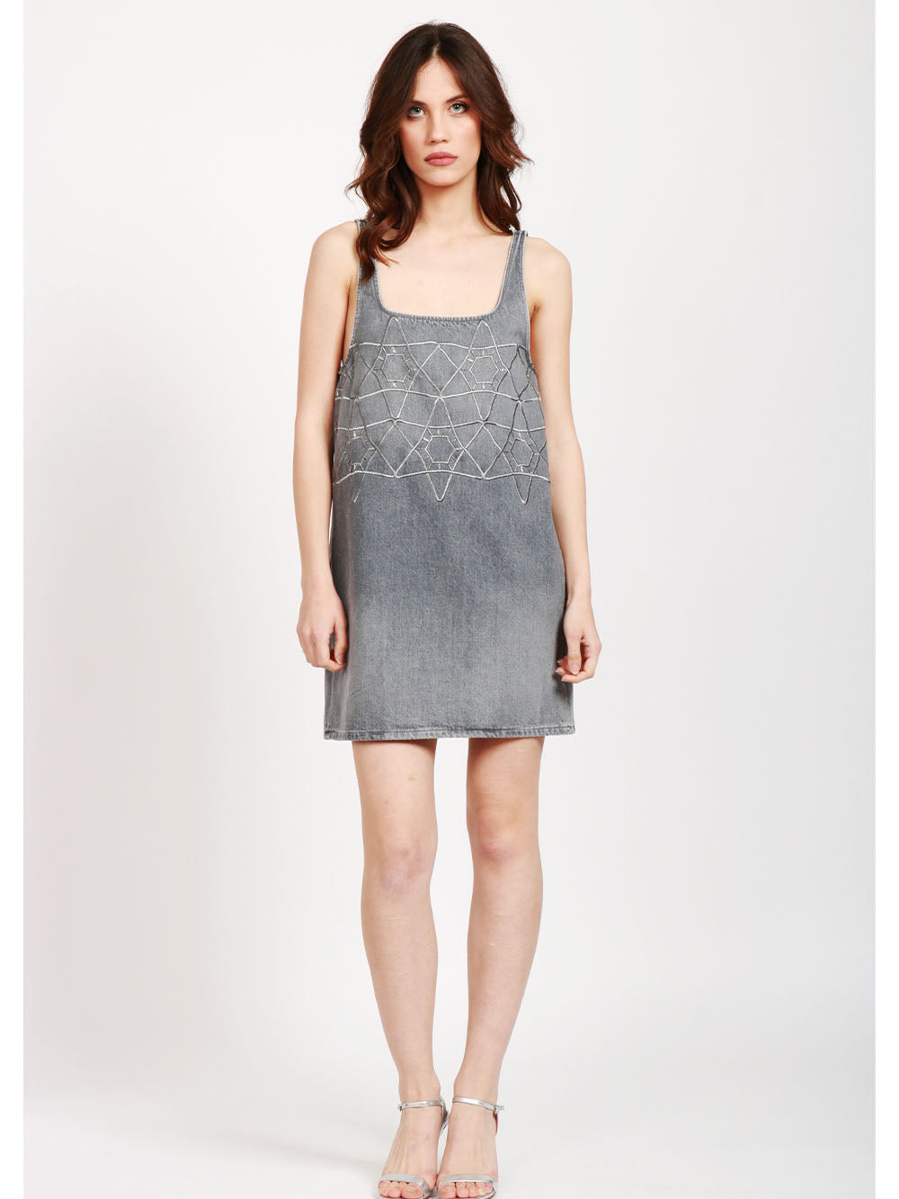 DONDUP Vestito Corto in Denim Grigio con Stelle Grigio