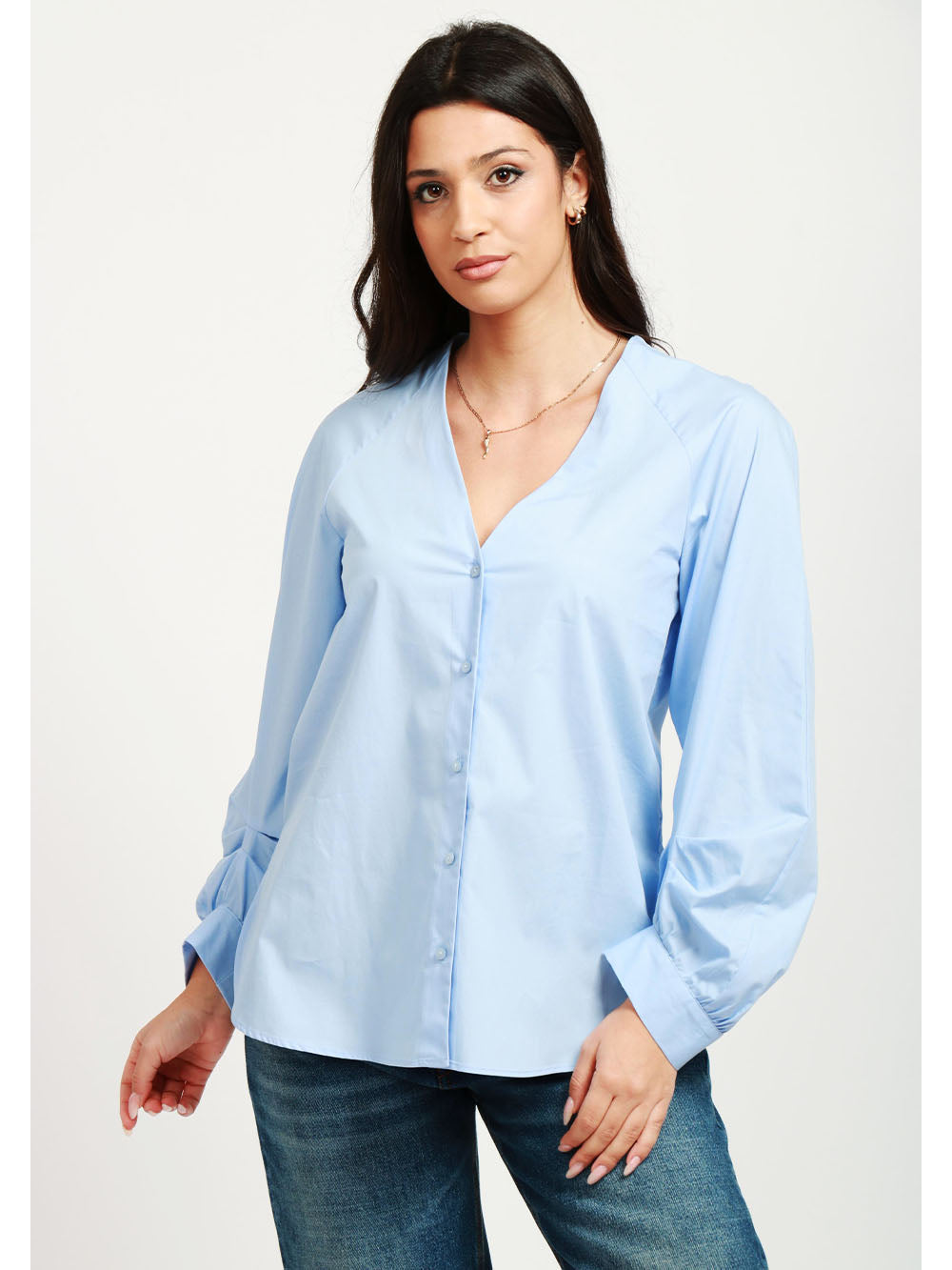 DONDUP Camicia in Popeline di Cotone Celeste con Maniche a Sbuffo Celeste