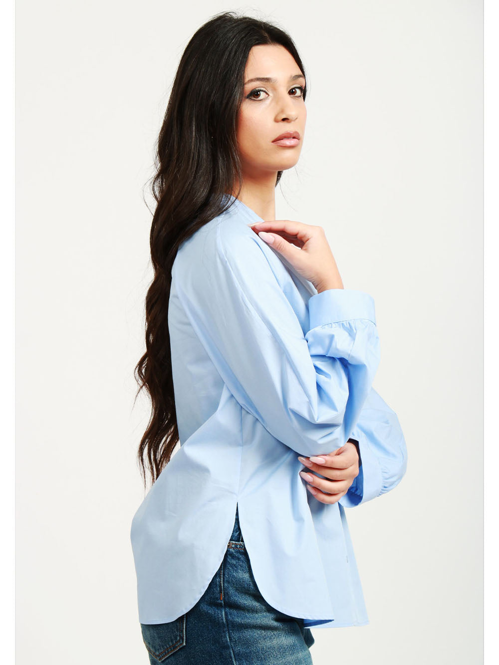 DONDUP Camicia in Popeline di Cotone Celeste con Maniche a Sbuffo Celeste