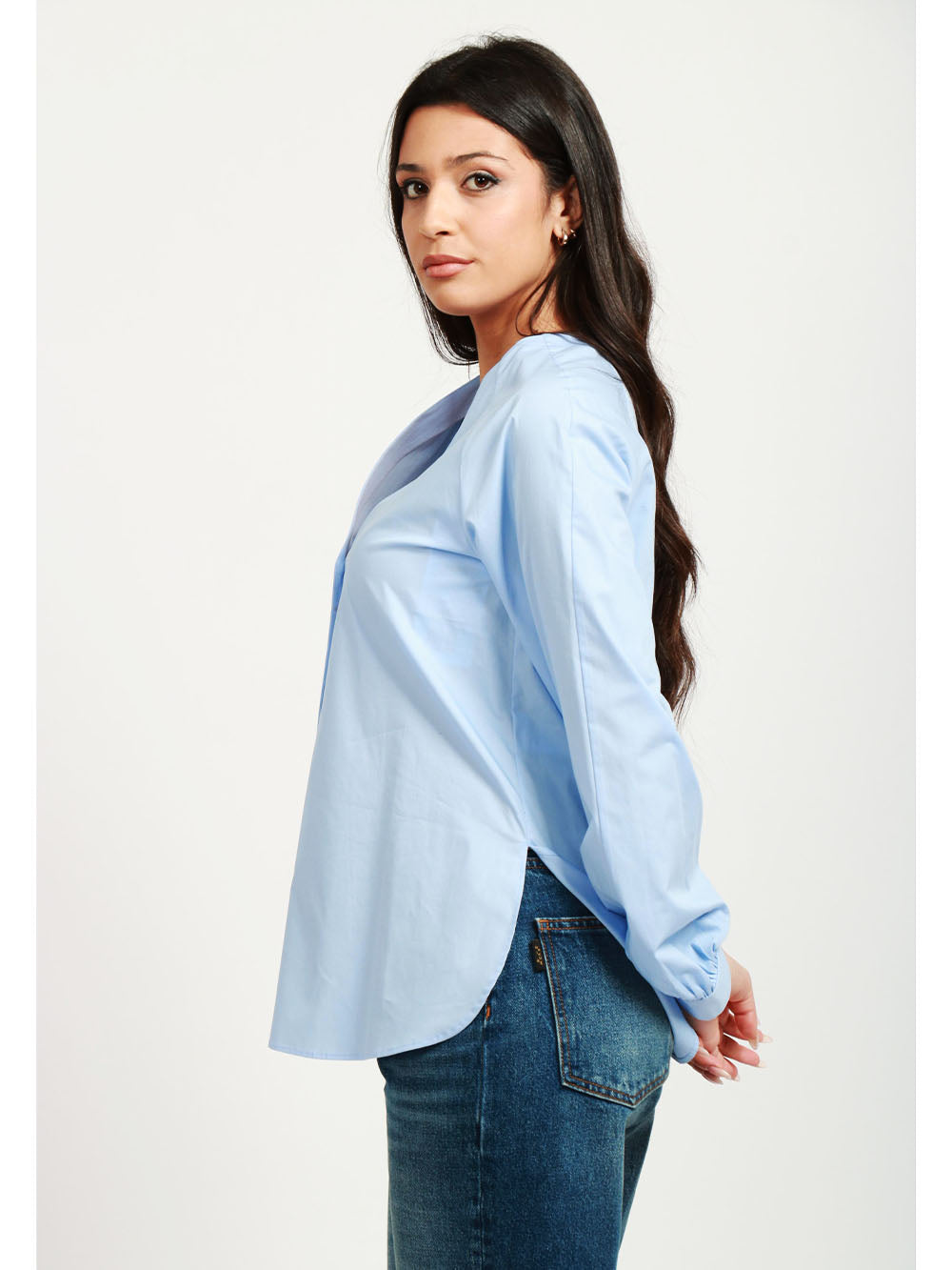 DONDUP Camicia in Popeline di Cotone Celeste con Maniche a Sbuffo Celeste