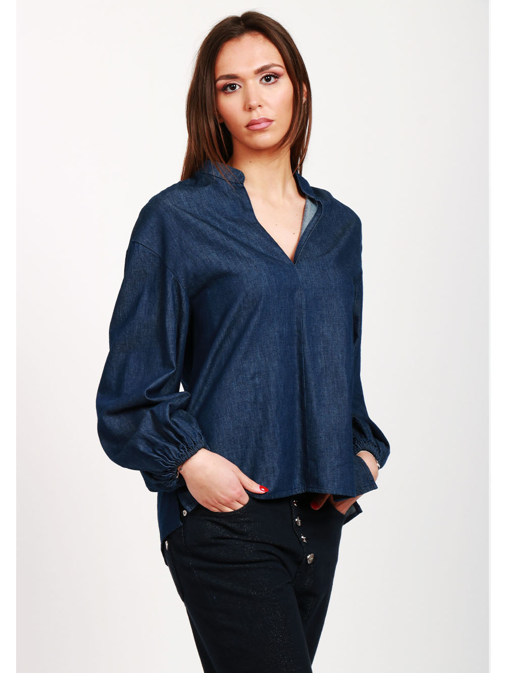 DONDUP Blusa in Denim di Cotone Blu con Maniche a Sbuffo Denim