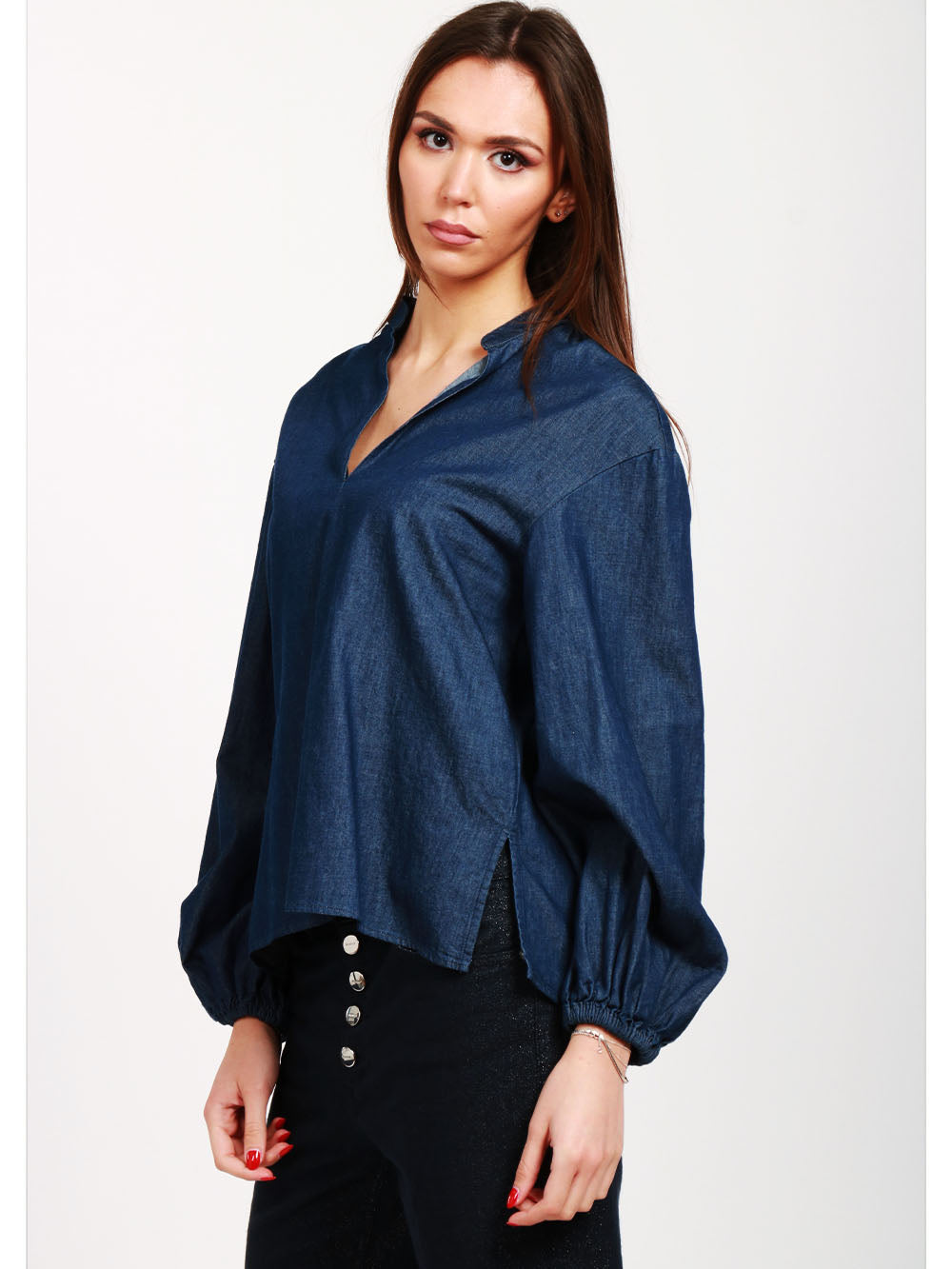 DONDUP Blusa in Denim di Cotone Blu con Maniche a Sbuffo Denim
