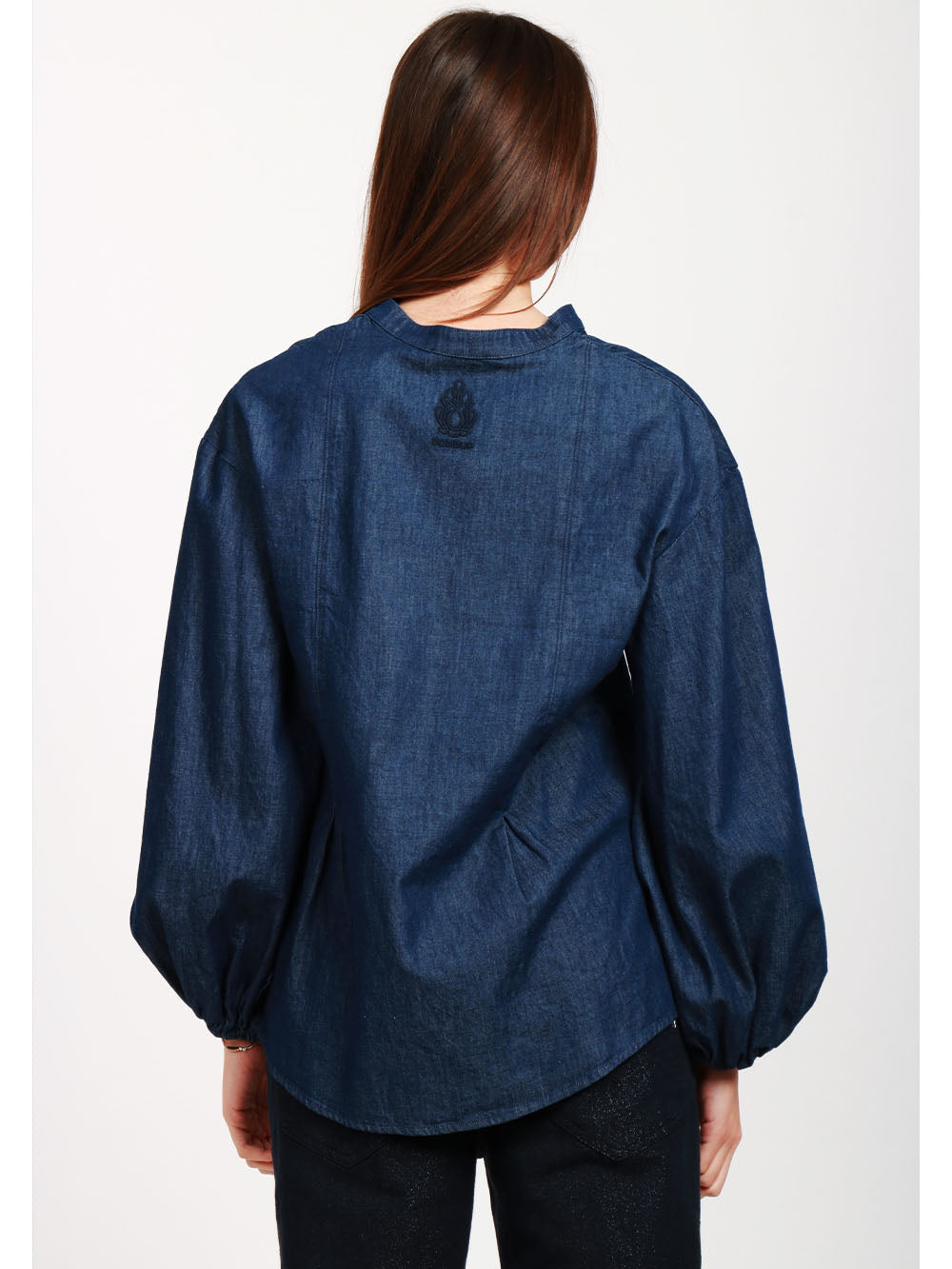 DONDUP Blusa in Denim di Cotone Blu con Maniche a Sbuffo Denim