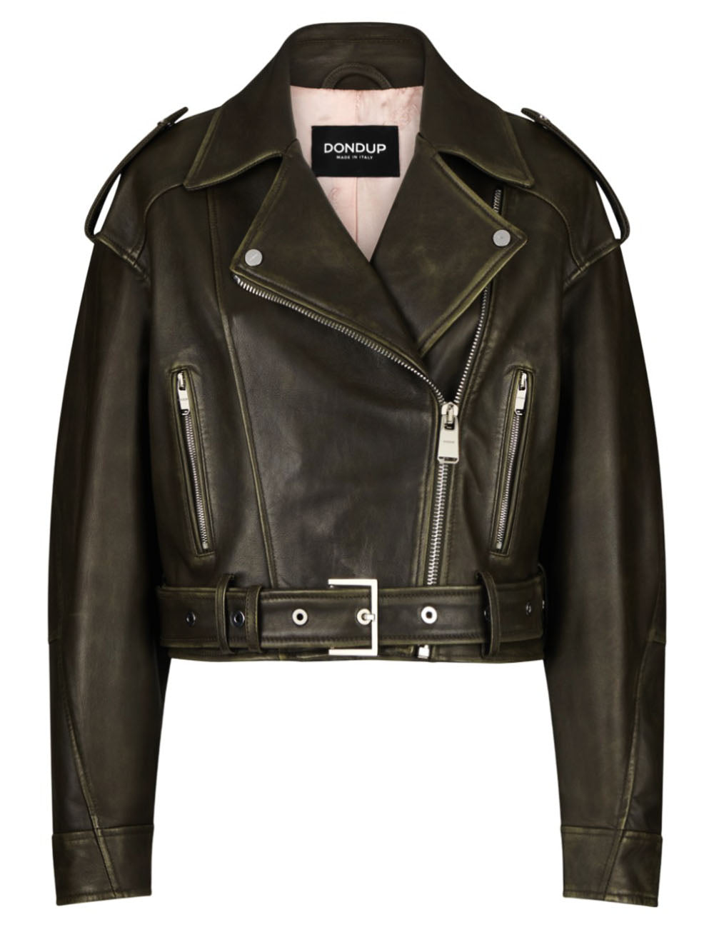 DONDUP Giubbino Biker in Pelle Verde Oliva Verde oliva