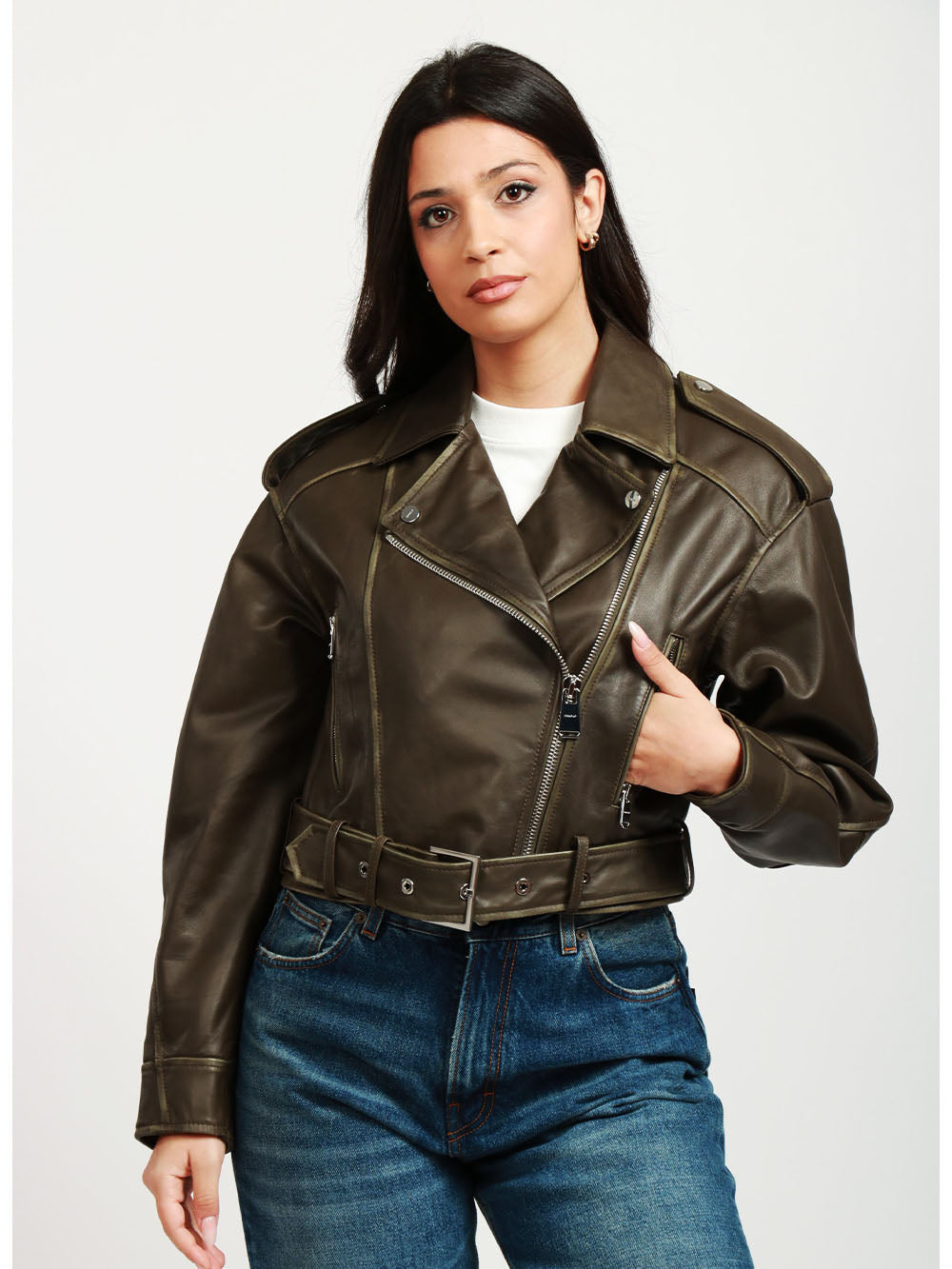 DONDUP Giubbino Biker in Pelle Verde Oliva Verde oliva