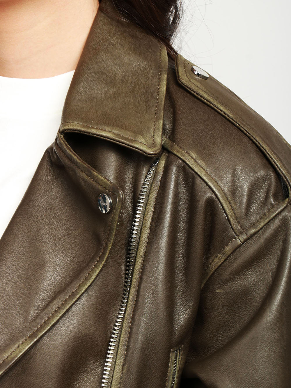 DONDUP Giubbino Biker in Pelle Verde Oliva Verde oliva