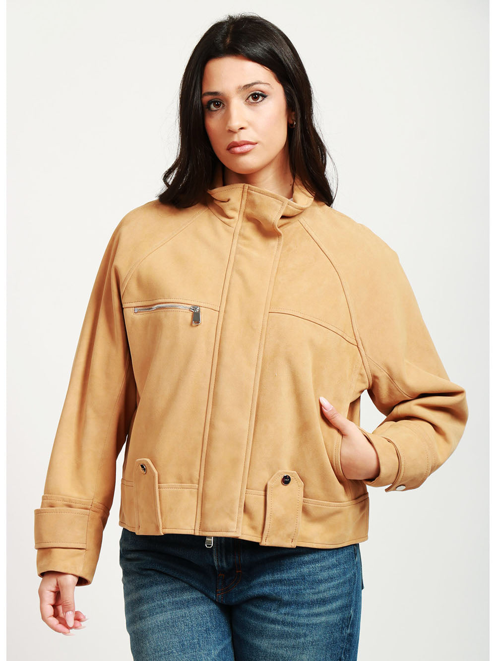 Giubbino in Pelle Scamosciata Cammello
