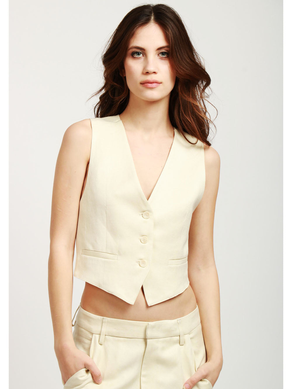 DONDUP Gilet Monopetto in Misto Lino Panna Panna