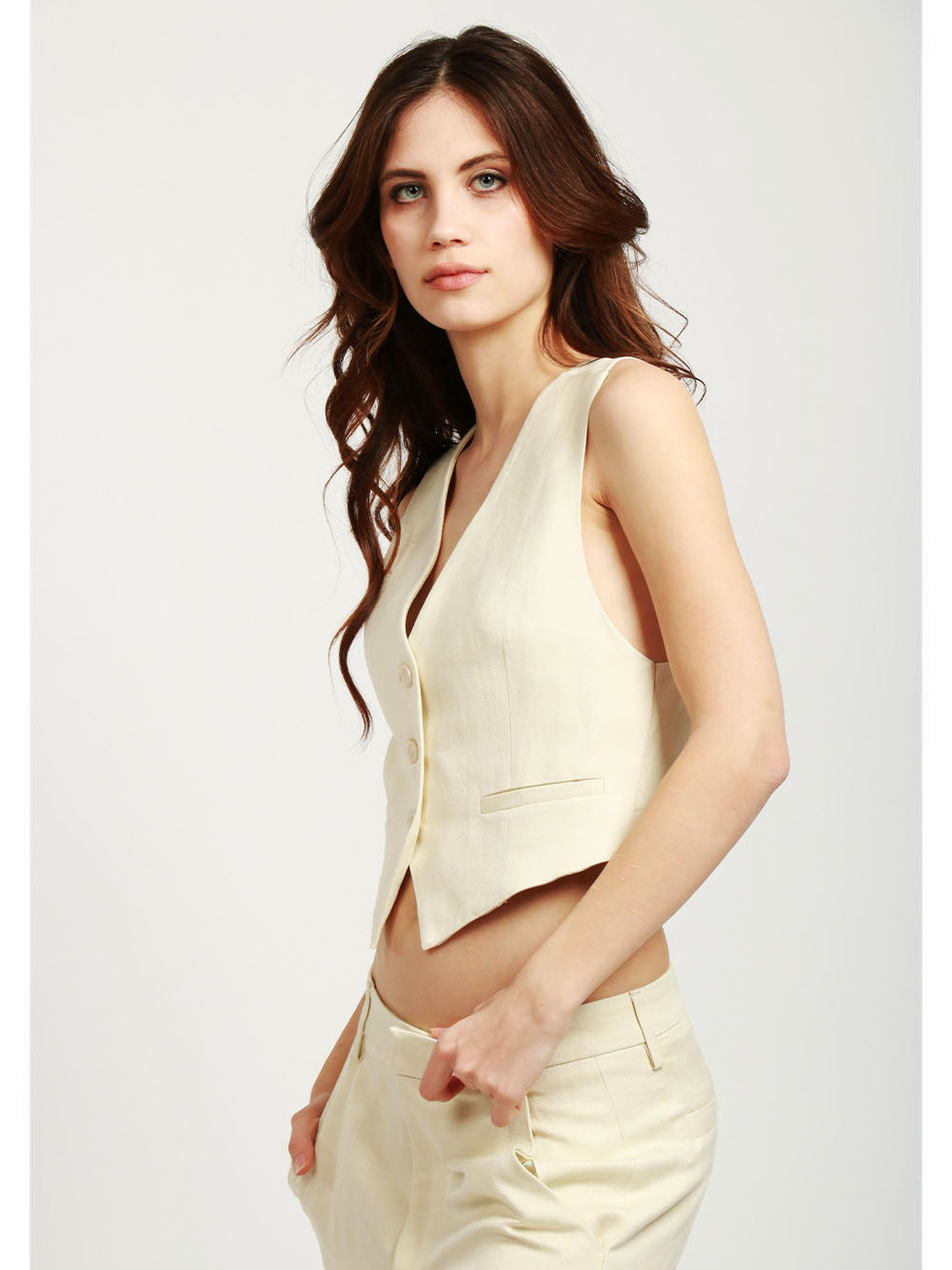 DONDUP Gilet Monopetto in Misto Lino Panna Panna