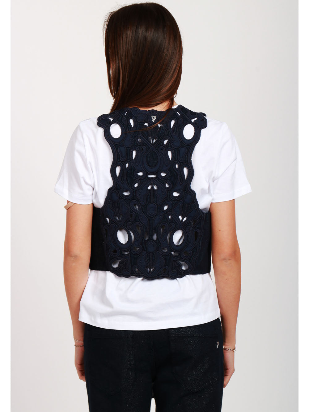 Gilet in Denim Blu con Ricamo in Macramé