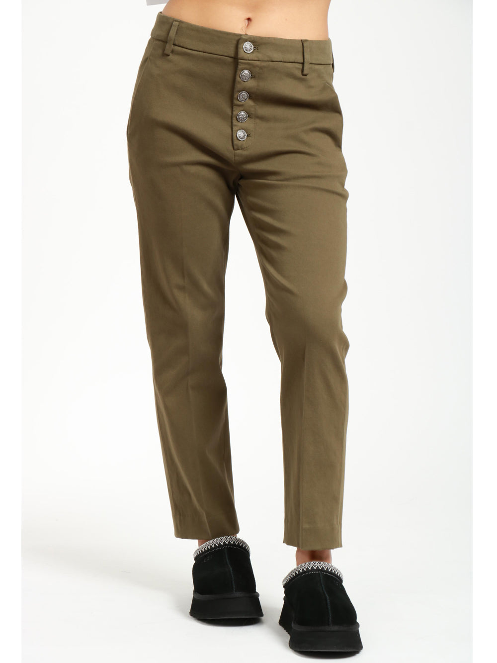 DONDUP Pantaloni Nima in Gabardina Verde Militare con Bottoni Gioiello Verde militare